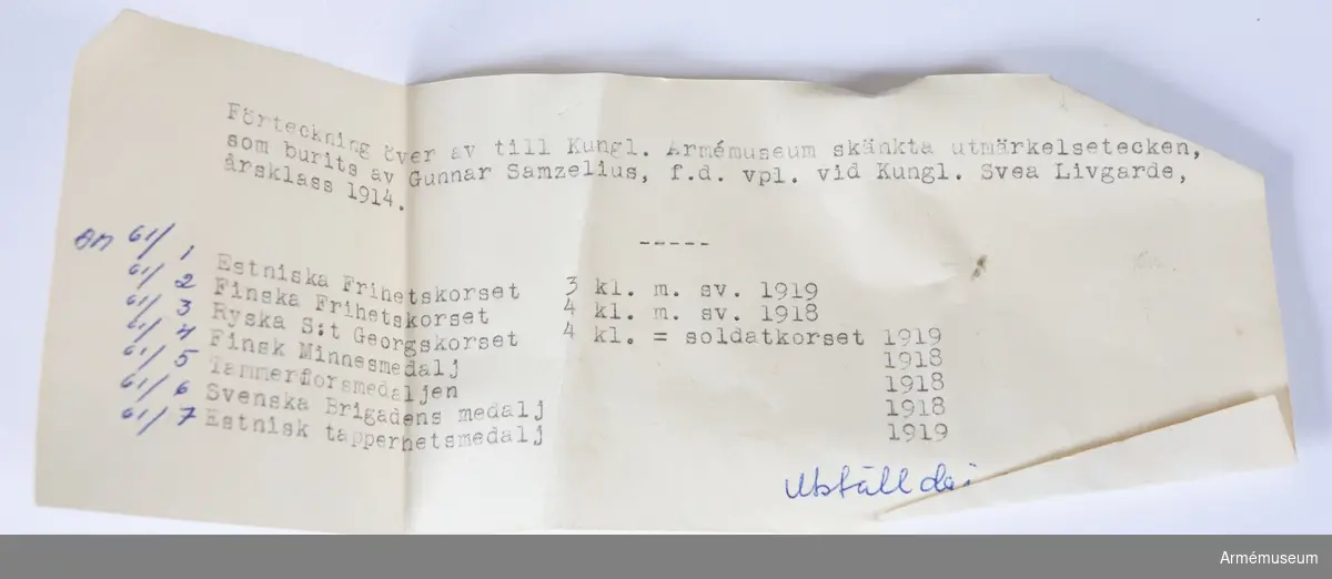 Grupp: M II.
Estniska frihetskorset, II. kl /3 gr med svärd, 1919.