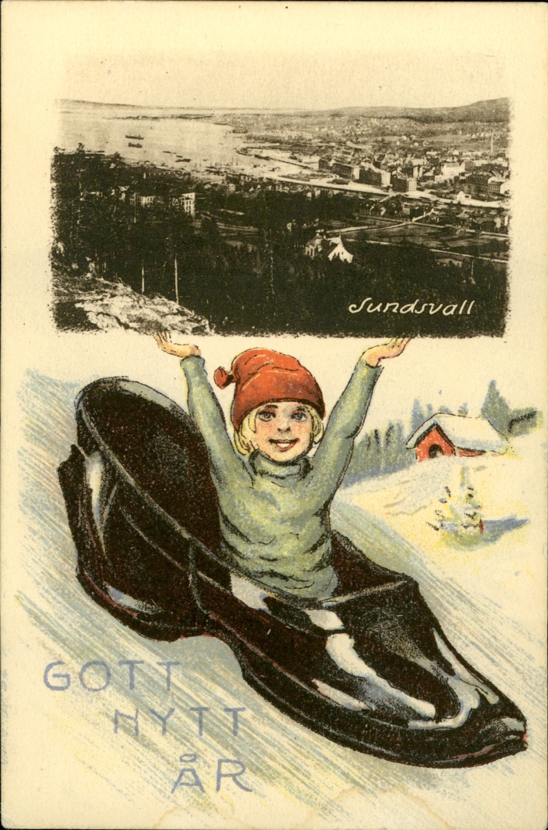 Vykort med motiv över en pojke i en sko med en infälld bild av hamnen i Sundsvall med texten: Gott Nytt År.