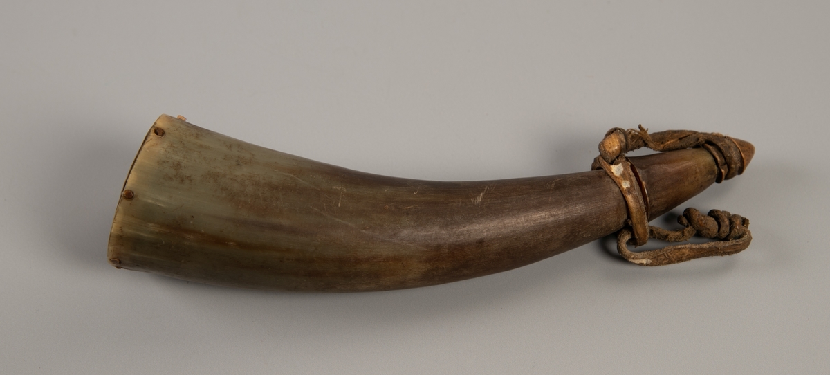 Lite horn i grått og brunt med en liten spiss propp som er bundet til hornet ved en lærrem. Oval topp dekket av et flatt trestykke, med små stifter langs kanten.