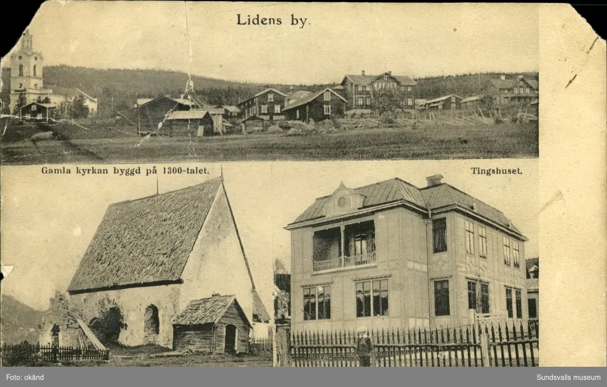 Vykort med motiv över byn, gamla kyrkan och tingshuset i Liden.