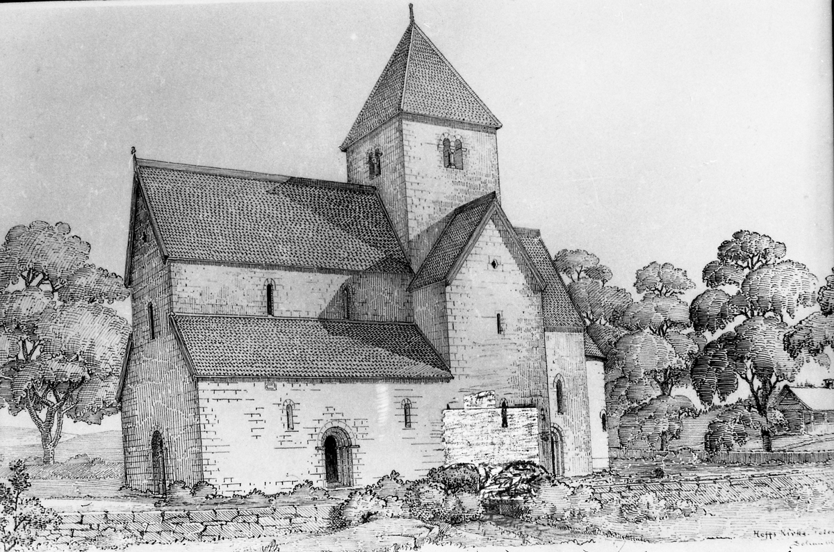 Avfotografert tegning av en gammel utgave av Hoff kirke i Østre Toten. Seks identiske bilder.