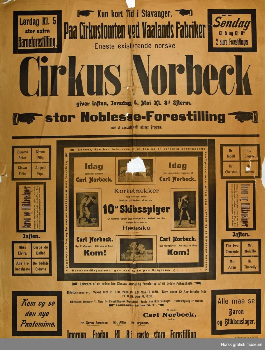 Plakat for Cirkus Norbeck, Stavanger, torsdag 4. mai.