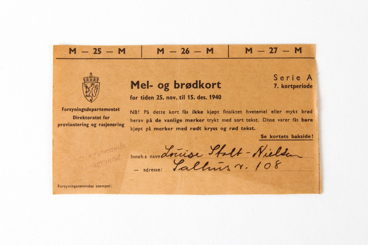 Mel- og brødkort fra 1940 til 1942.