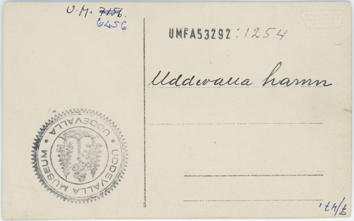 Tryckt text på vykortets framsida: "Uddevalla Hamnmotiv".
