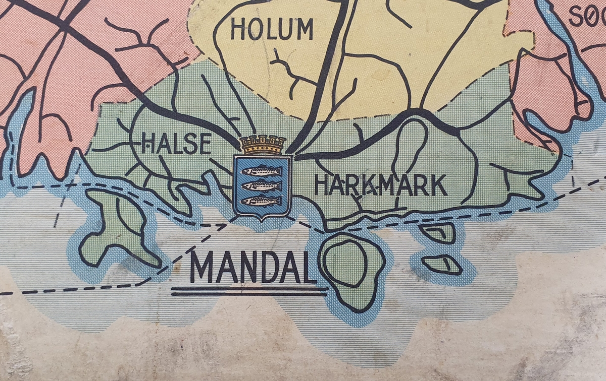 Plakat for Fylkesutstillingen i 1927. Motiv er kart over Vest-Agder slik det så ut i 1927, med herreder og byer, infrastruktur m.v.