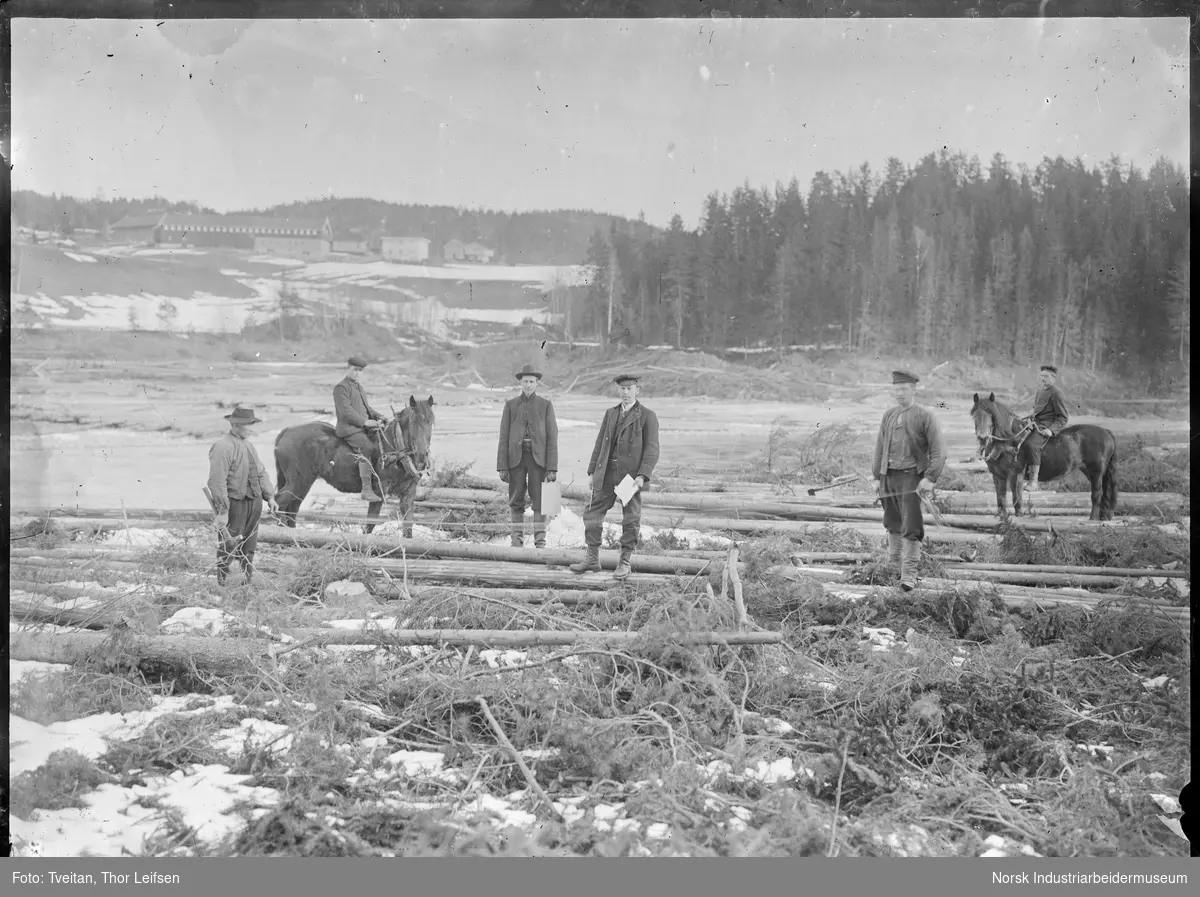 To menn sittende på arbeidshest, fire menn stående på felte trær. Gården i bakgrunnen er Nedre Hove.