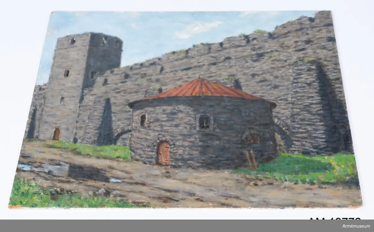 Oramad oljemålning föreställande fästningsmur med kruthus, av O. Eslon.