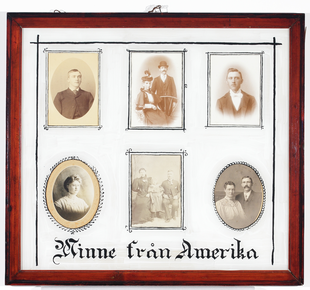 Sex inramade foton av svenska USA-emigranter (släktingar?), från tiden ca 1890-1915. Inglasad tavla med mörkbrun ram.