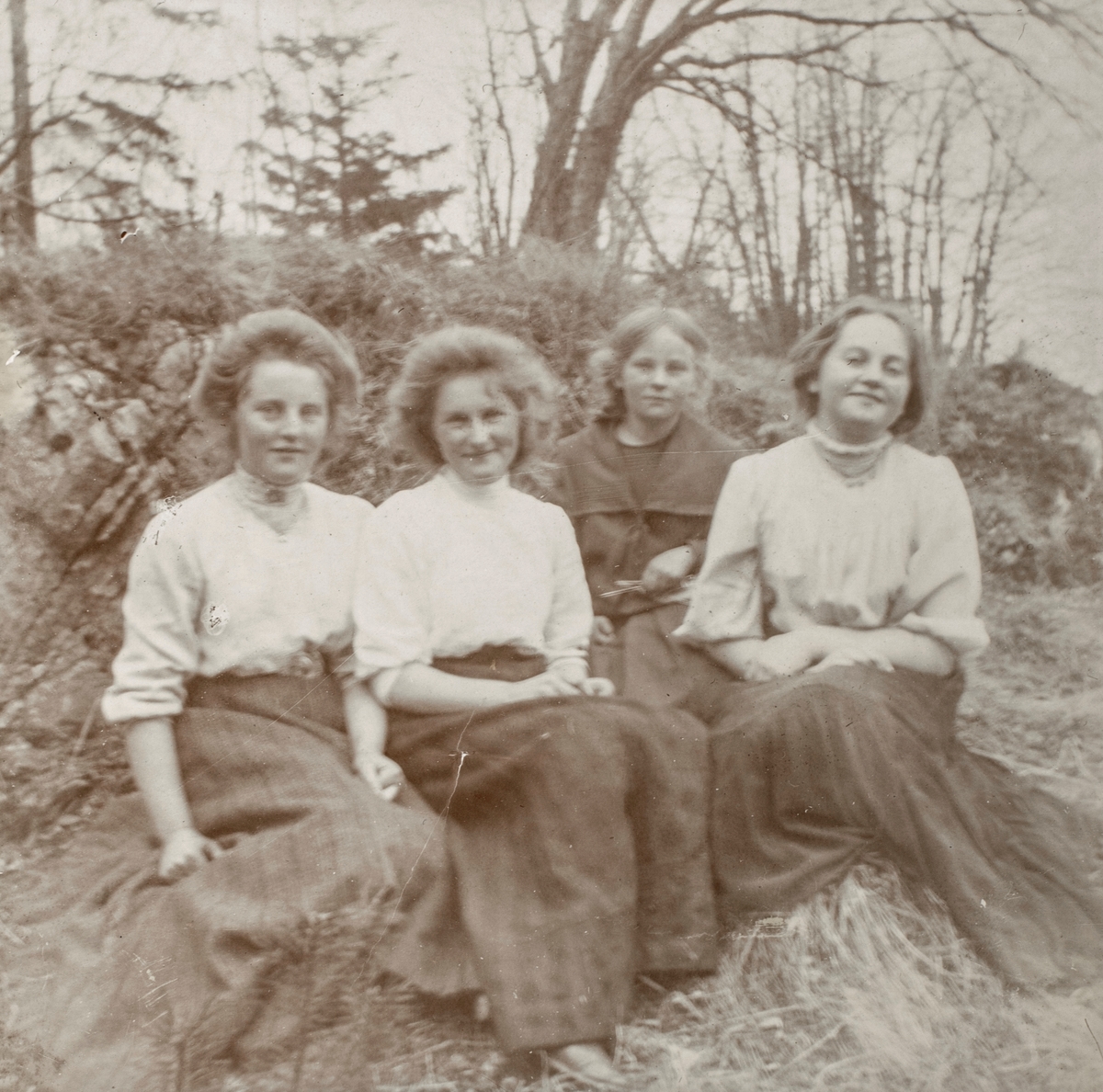 Gruppeportrett av fire kvinner som sitter i skogen.