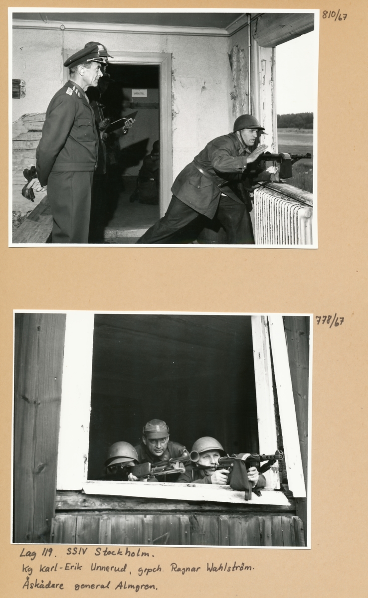 Rikshemvärnstävlingen 1967, sid 34

Stridsskjutning

Bild 1. CA föjer skjutningen

Bild 2. Lag 119, SSIV Stockholm, med kgskytten Karl-Erik Unnerud och grpch Ragnar Wahlström. General Almgren åskådare.