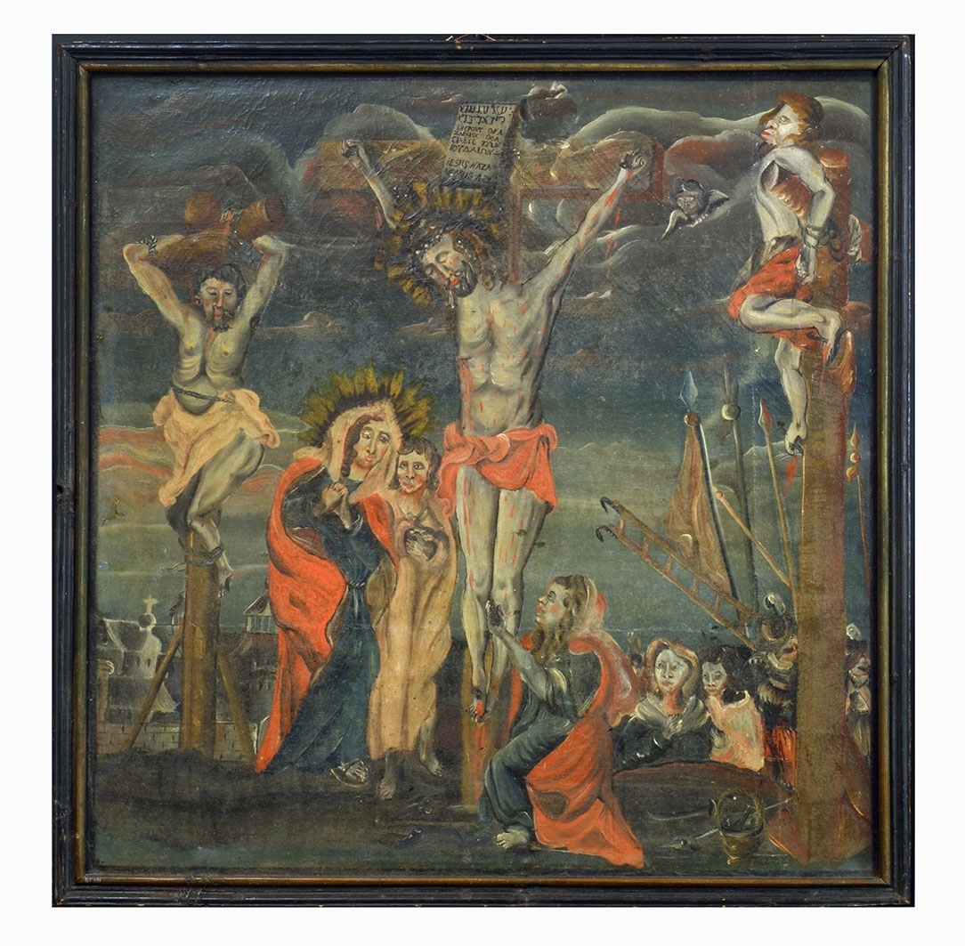Altartavla föreställande korsfästelsen. Målad i olja på duk.
Anskaffad  till museet 1895.