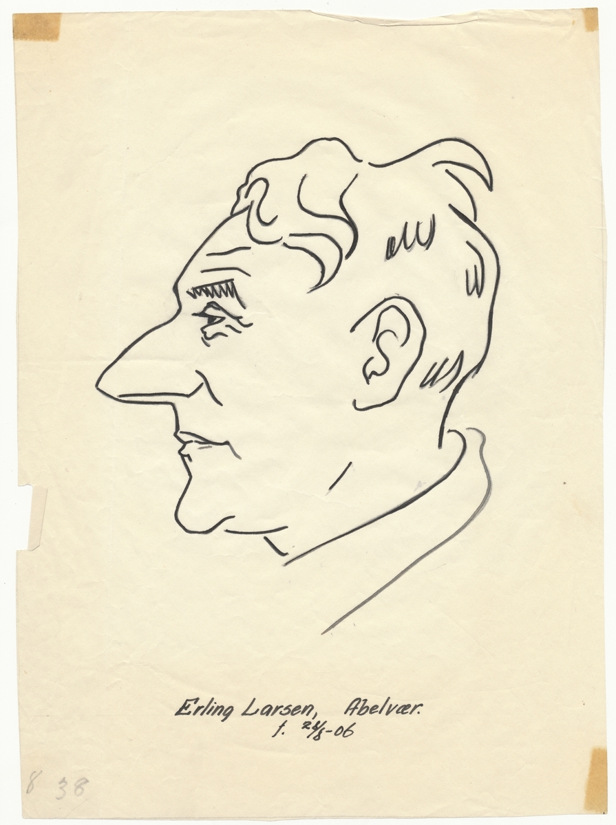 Portrettegning (karikatur) av falstadfange Erling Larsen (f. 1906), Abelvær.
