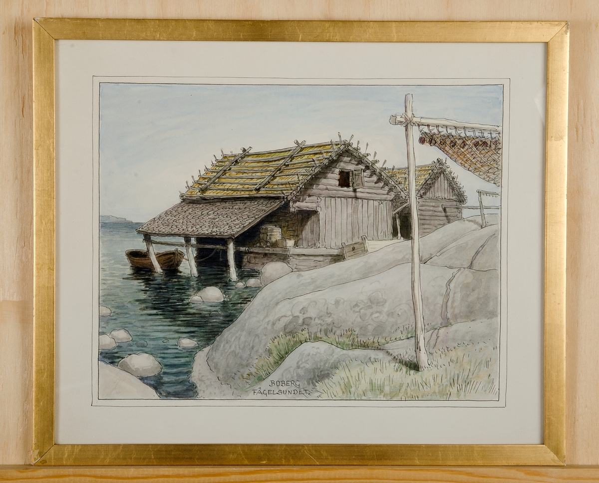 Akvarellen föreställer bebyggelse i Fågelsundet, Hållnäs socken, Uppland