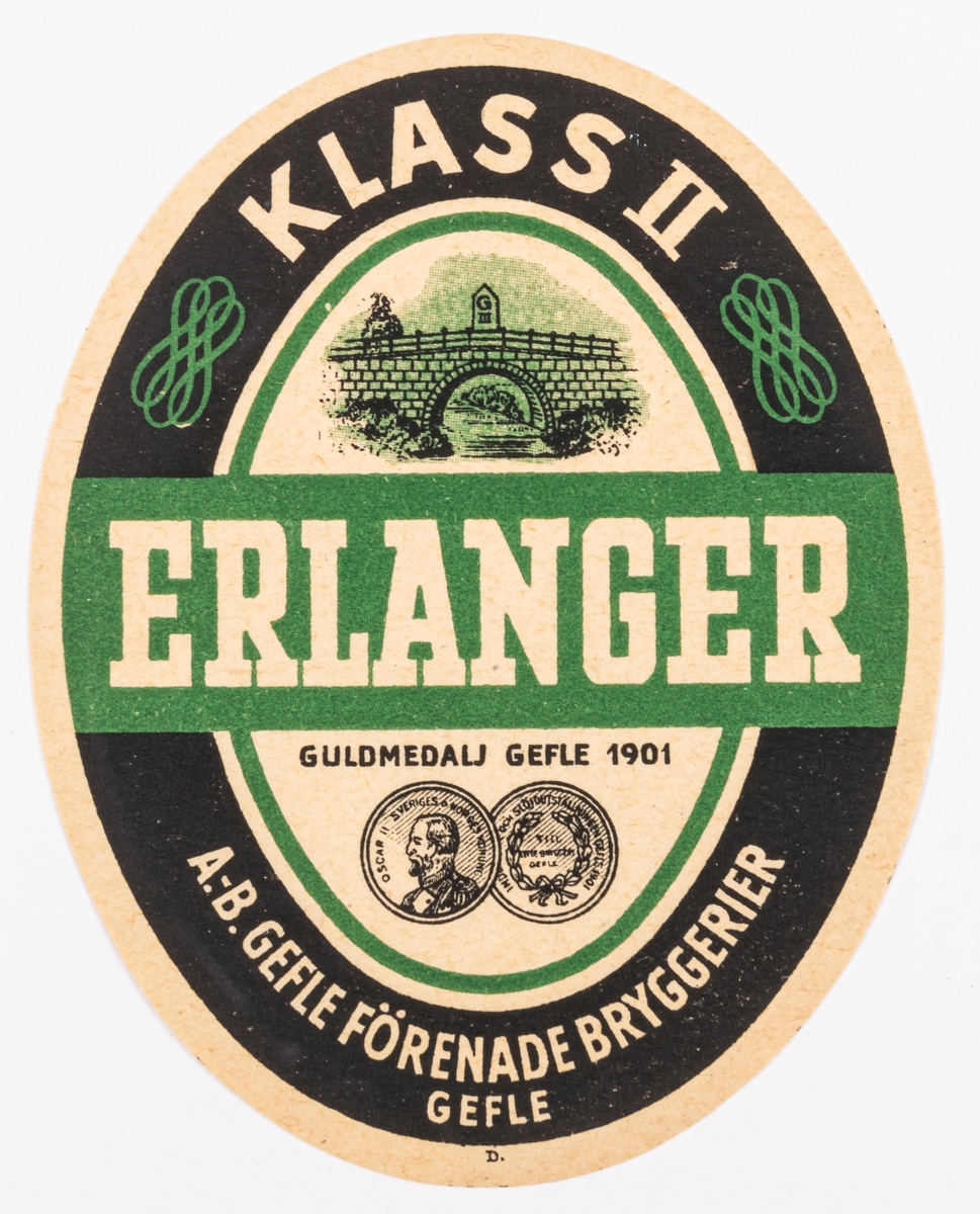 Öletikett: Erlanger, Klass II, Gefle förenade bryggerier AB.
Oval, svart och grön. Bron vid Gustafsbro avbildad.
Del av samling bryggerietiketter av papper, från olika bryggerier i Gävle.