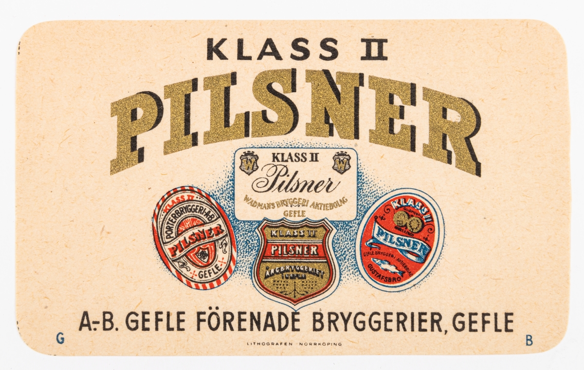 Pilsner Klass II, Gefle förenade bryggerier Gefle.
De förenade bryggeriernas gamla etiketter under texten.
Del av samling bryggerietiketter av papper, från olika bryggerier i Gävle.