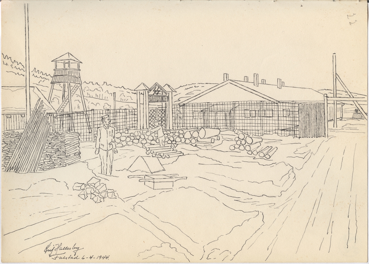 Tegning fra Falstad fangeleir, "Utsnitt fra leiren". Det indre leirområdet, med sagbruket helt til venstre i bildet. Lenger bak ligger det ene vakttårnet, hovedporten og vaktmannskapenes brakke. Tegninga er datert 06.04.1944.