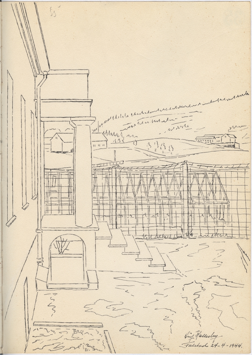 Tegning fra Falstad fangeleir, "Inngang". Østre inngang på sørsida av hovedbygningen. På motsatt side av gjerdet ligger gartneriet. Tegninga er datert 24.04.1944.