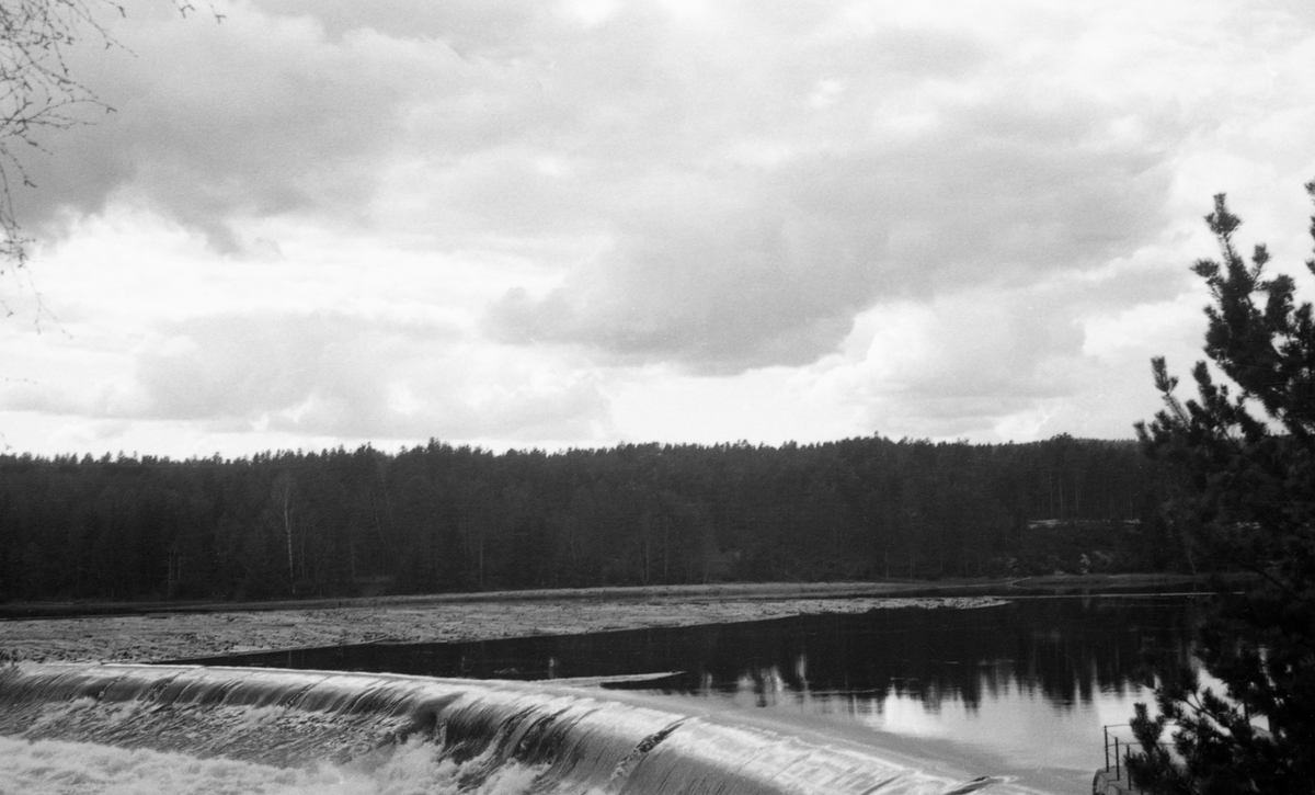 Terskeldamen ved Skjefstadfossen i Glomma i Heradsbygda i Elverum, fotografert fra østre elvebredd en vårdag i 1946. Vi ser den drøyt 300 meter lange dammen i forgrunnen med det vannet dammen stuvet opp på motstrøms side ovenfor. På dette vannspeilet lå det store mengder tømmer i den vestre delen av elveløpet. Dette skyldtes at det hadde dannet seg en tømmervase under vannfallet, som ved stadig tilsig av frittflytende fløtingsvirke ovenfra hadde vokst seg over damkrona og oppover i det ovenforliggende vannreservoaret, Det var uheldig, for på dette stedet skulle tømmeret helst gå i den østre delen av elveløpet, der det var djupere og følgelig mindre fare for at tømmeret skulle sette seg fast og danne hauger i elveløpet nedenfor dammen.