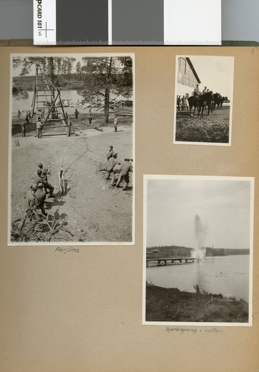 Text i fotoalbum: "Sommaren 1929. Fältbro vid Bjälmen. Färjlina."