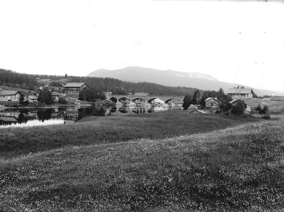 Nybergsund. Fotografert mot nord-vest fra østsida av Trysilelva, Trysilfjellet i bakgrunnen. Gammelbrua sto fra 1879-1929. På vestsida av elva ses husene på Nybakk og Nyberg, huset på østsida i to etasjer delvis skjult bak en høyde er Folkvang.