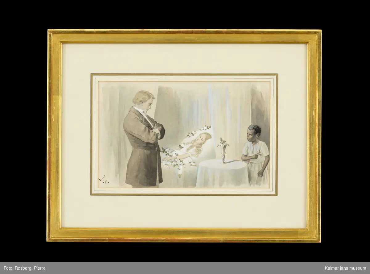 Till vänster går Topsy går in i ett rum för att ge flickan (Eva), som ligger i en säng, terosor. Sängen är full av blommor. Vid sängen till vänster står en man och tittar på (St. Clare?). Han är klädd i vit skjorta och mörk kostym. Han är avbildad i profil med ansiktet åt höger