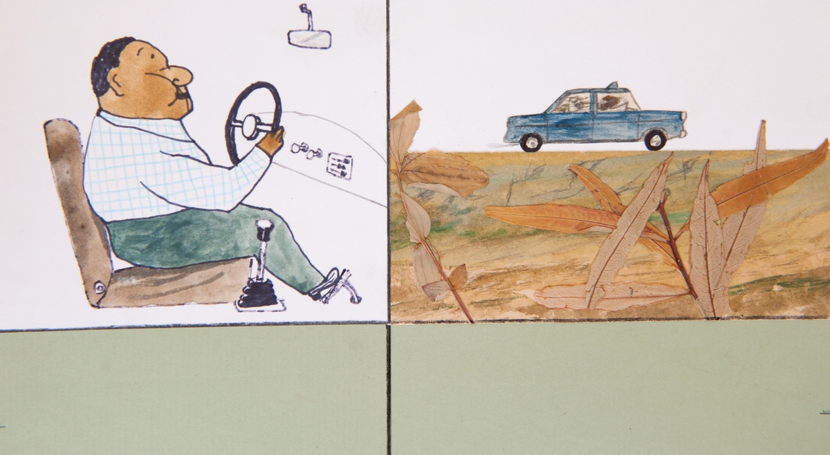 Originalbild. Illustration till sida i boken Sailor och Pekka och söndagen." Sailor och Pekka gör en taxiresa till kyrkan. Sidan består av tre bilder: taxin med berget i bakgrunden, taxichauffören och taxin.