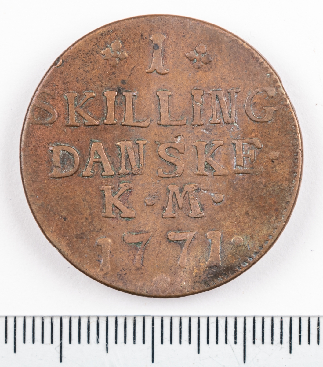Mynt, Danmark, 1771, 1 Skilling.