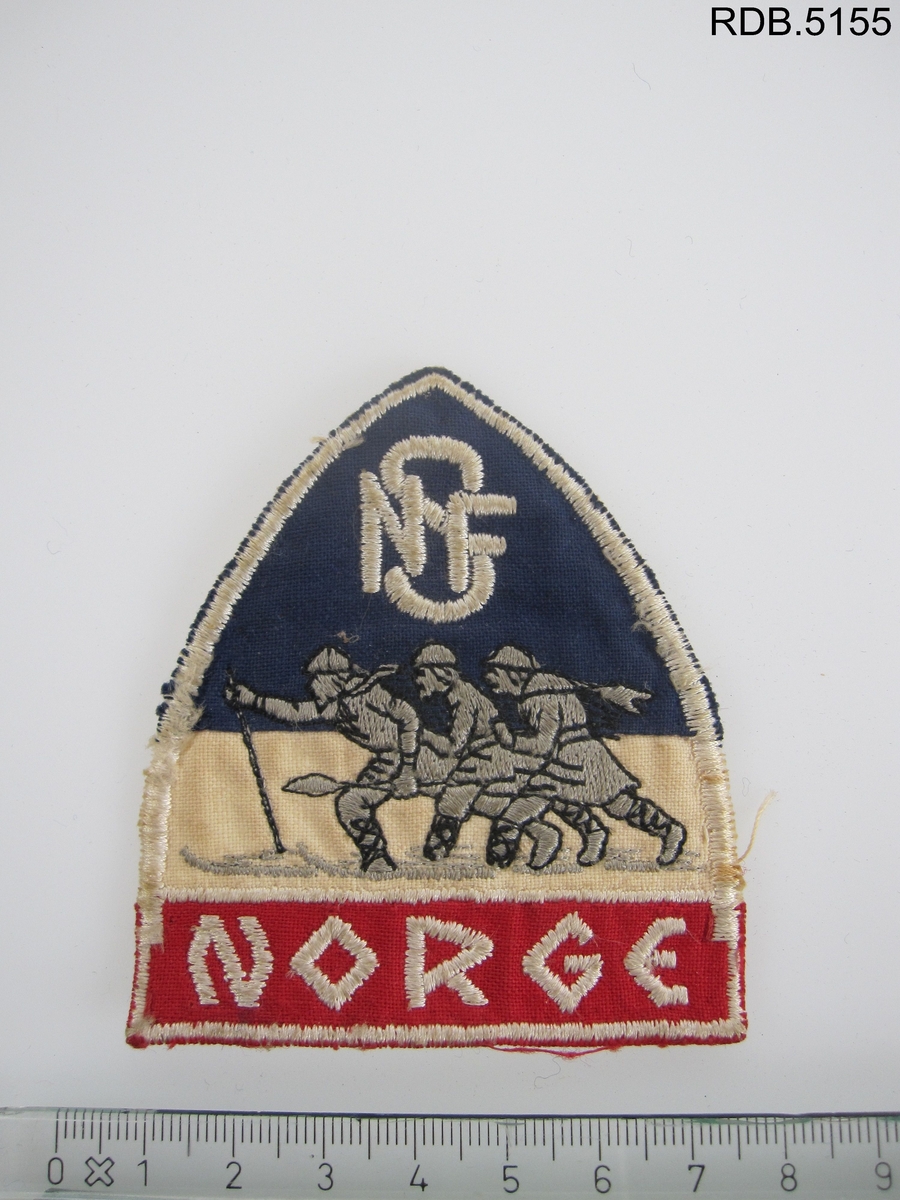 Jakkemerket er trekantet, og har en avrundet spiss oppover. Øverst er logoen til Norges skiforbund, som består av bokstavene NSF og et bilde av tre skiløpere. Nederst står det Norge.