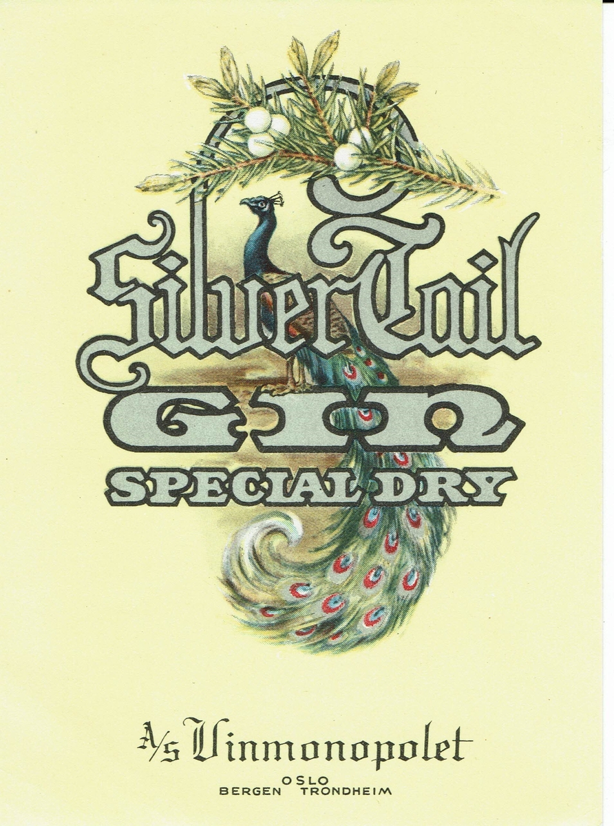Silver Tail Gin Special Dry. A/S Vinmonopolet Oslo, Bergen, Trondheim. Etikett fra 1941. 