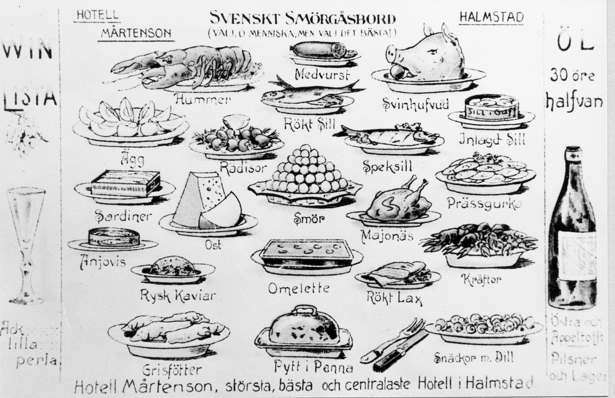 Reklammeny över svenskt smörgåsbord på Hotell Mårtenson.