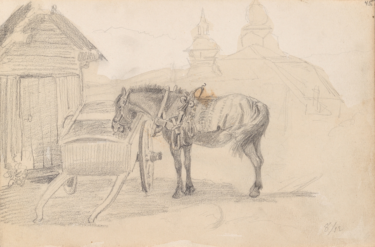Hest og kjerre ved Leksand kirke [Tegning]