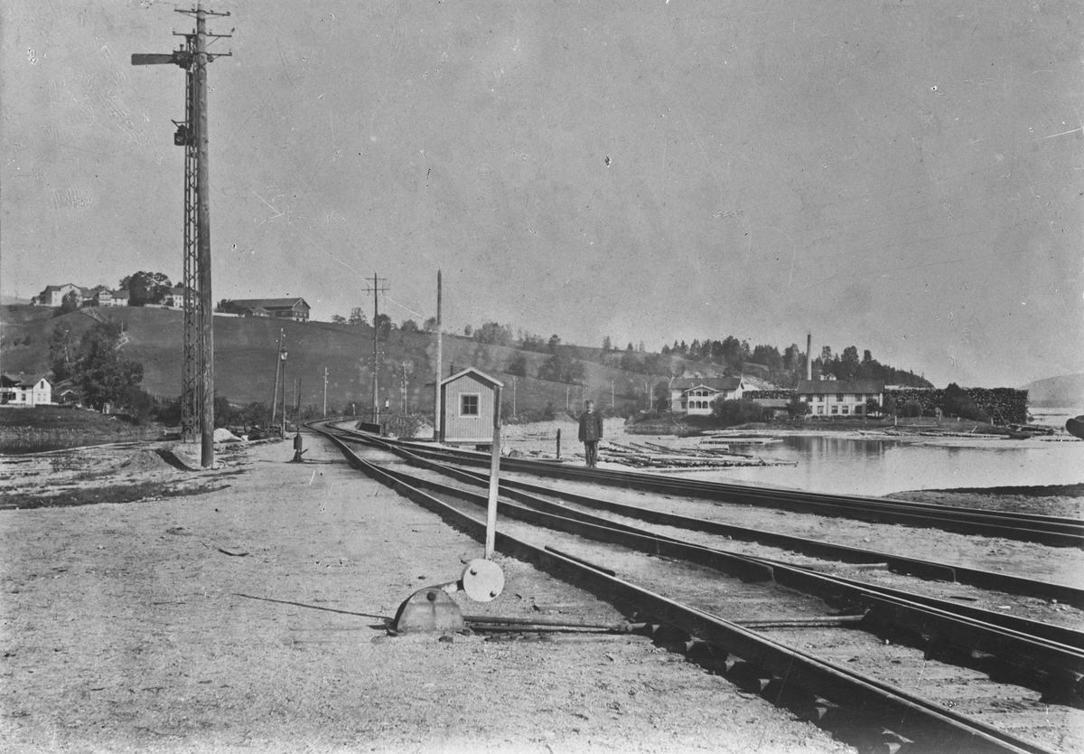 Eidsvoll stasjon sett mot nord. Tømmer fra Vorma ble trukket opp for videre frakt med tog. Bilde fra rundt 1. verdenskrig. I 1920 ble husene til høyre for jernbanelinjen revet. De var leiegårder mest for jernbanefolk. Vormen forenede teglverk bak husene ble ferdig i 1900.