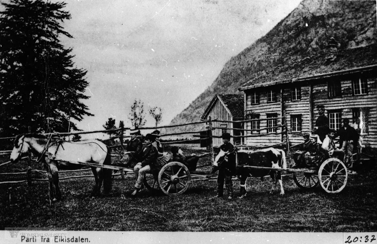 Hest og vogn, okse og vogn i samband med Jørgen B. Lysholms besøk i Eikesdal i 1874...