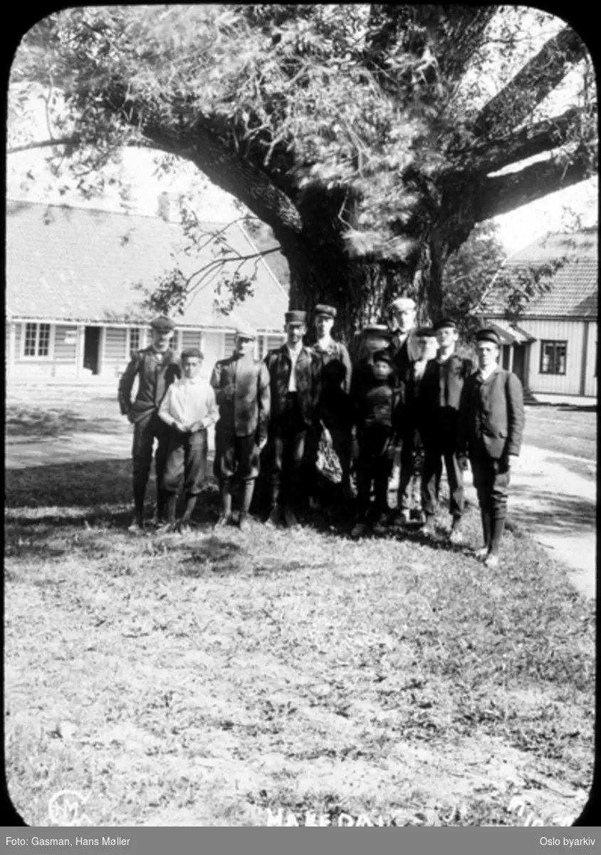 En gruppe menn poserer foran en stor eik (?) på Hakadal verk