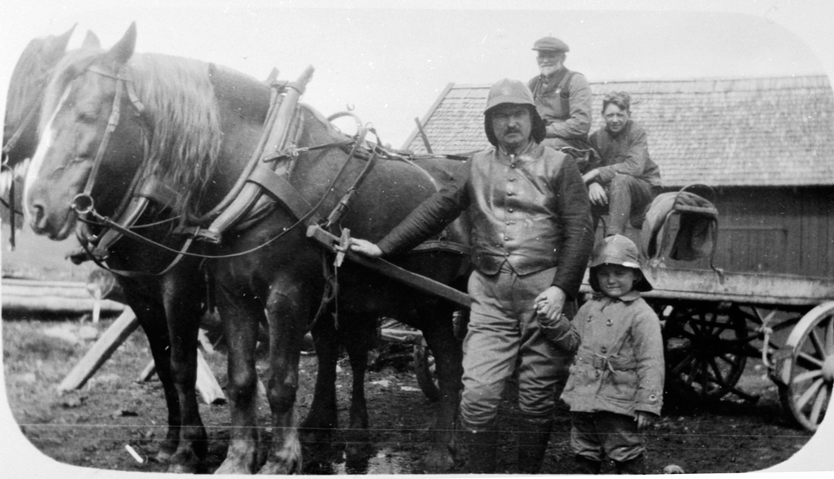 Tospann hester med kjerre på Olshølen setermeieri, Ringsaker Almenning. Fra venstre er Oskar Husebye, Emil Huseby, ukjent, Helmer Husebye.