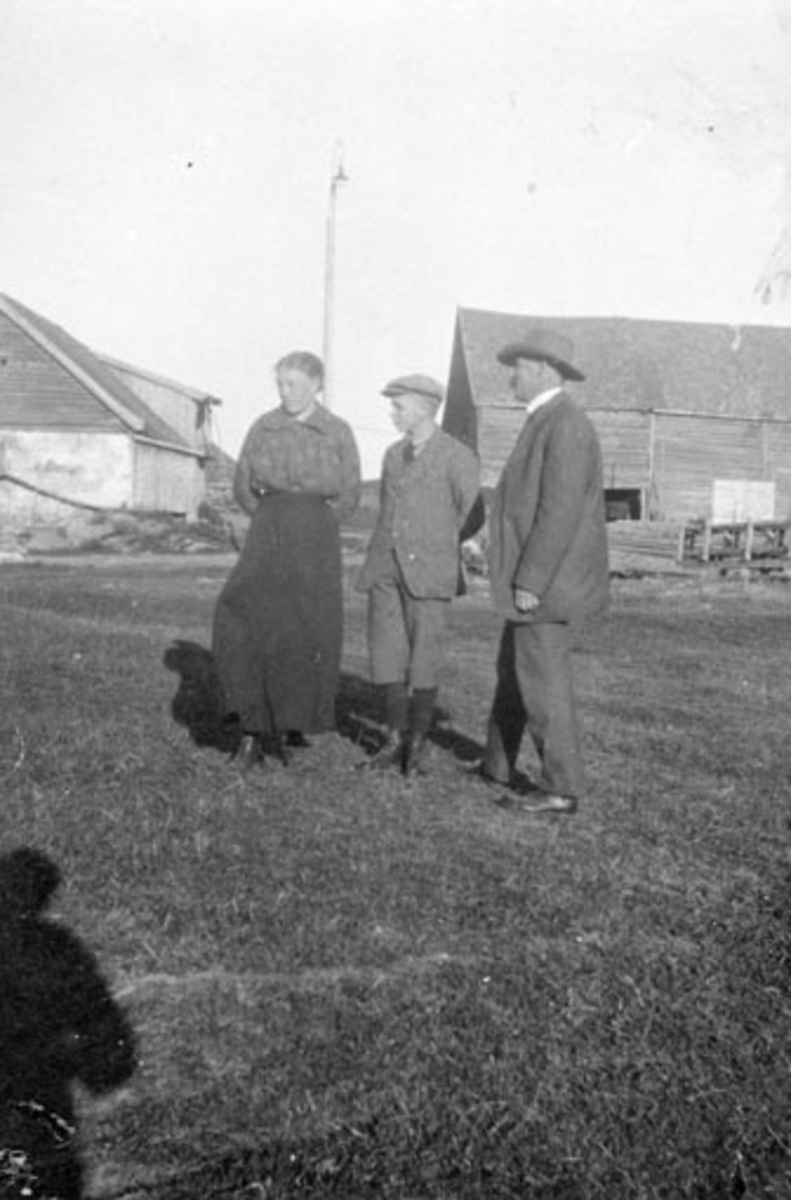 Skinstad gård, Nes Hedmark. F.v Oline Evensdatter Mengshoel, i midten trolig Gunnar Fossum f. 1905 , Ole P. Tangen. T.v.  fjøslåven og t.v. stallåven.
