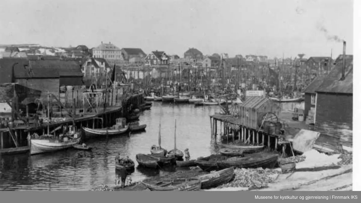 Havnemiljø i Elvebukta - fiskebåter, guanodunger, ca 1920