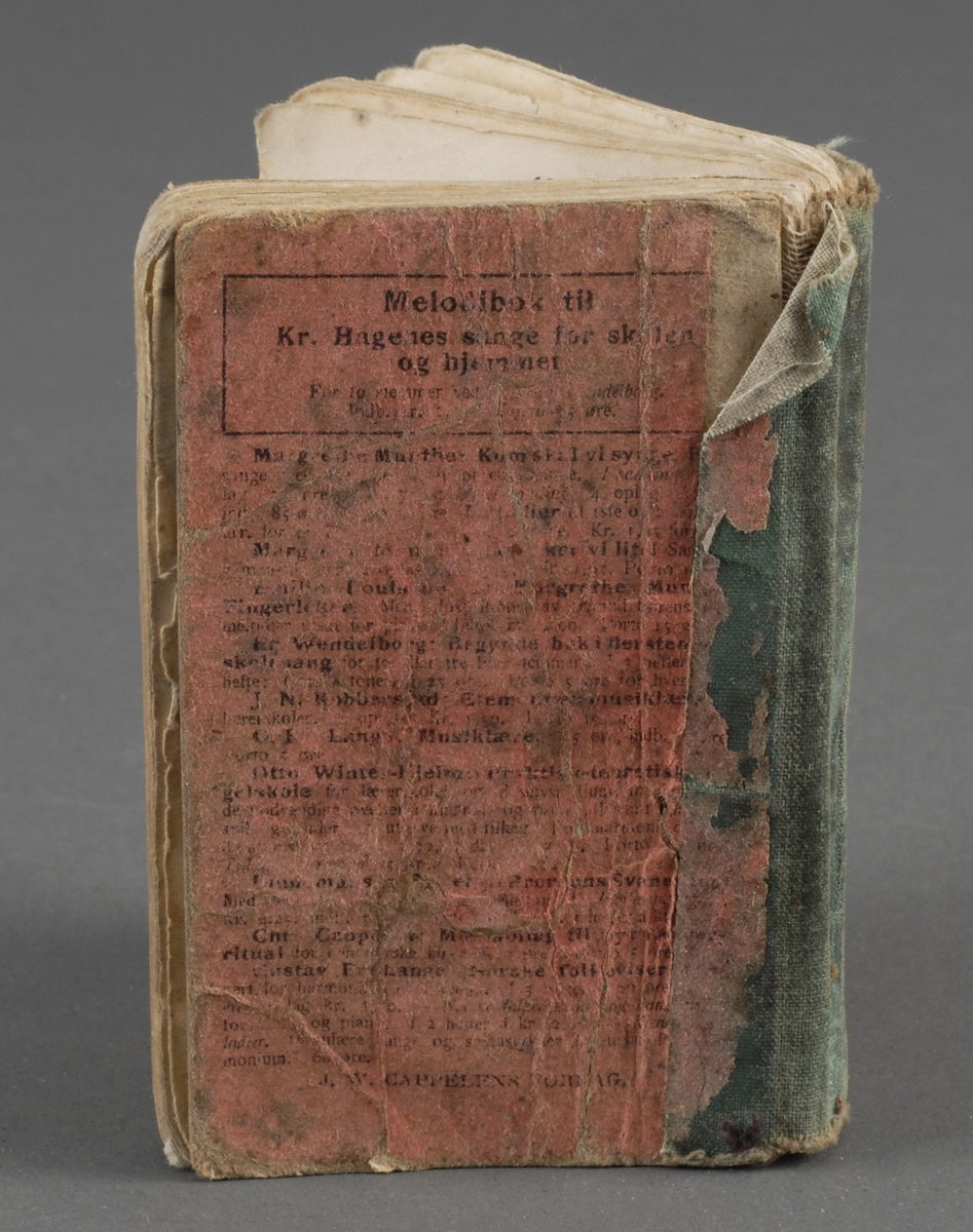 Boken er et halvbind med lerret i ryggen. 
Tekst og dekor på framsiden og tekst på baksiden av boken.
Håndskrevet tekst inne i permen.
Boken inneholder sangtekster.