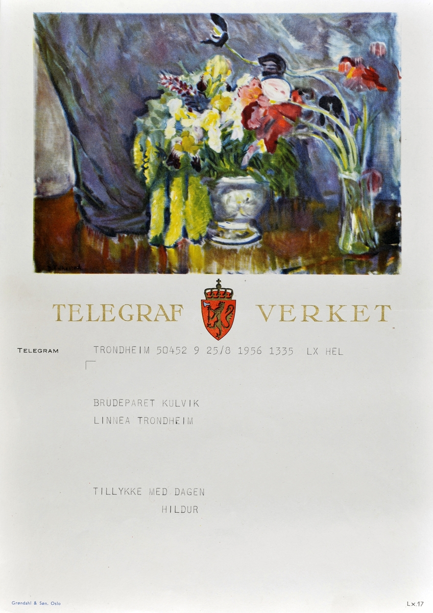 Tulipaner i vase og blomster i krukke. Etter maleri av Bernhard Folkestad.