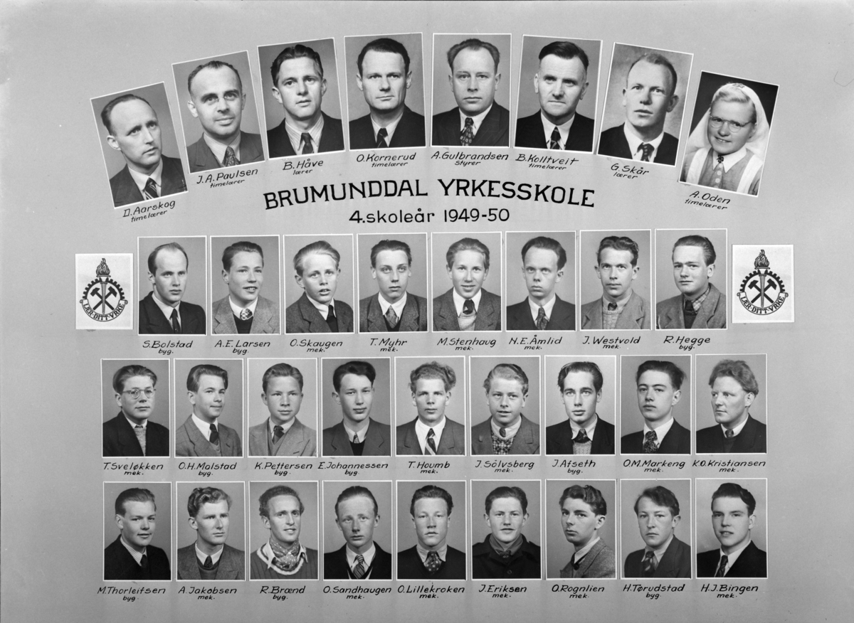 Stor gr: skoleelever, Brumundal Yrkesskole i Ringsaker, montasje. 1949-1950. 

Øverst fv: D. Aarskog (timelærer), J. A. Paulsen (timelærer), B. Håve (lærer), O. Kornerud (timelærer), A. Gulbrandsen (styrer), G. Skår (lærer), A. Oden (timelærer). 
2. rad fv: S. Bolstad (byggfag), A. E. Larsen (byggfag), O. Skaugen (mekanisk), T. Myhr (mekanisk), M. Stenhaug (mekanisk), N. E. Åmlid (mekanisk), J. Westvold (mekanisk), R. Hegge (byggfag). 
3. rad fv: T. Sveløkken (mekanisk), O. H. Molstad (byggfag), K. Pettersen (byggfag), E. Johannessen (byggfag), T. Houmb (mekanisk), J. Sølvsberg (mekanisk), J. Afseth (byggfag), O. M. Markeng (mekanisk), K. O. Kristiansen (mekanisk). 
Fremste rad fv: M. Thorleifsen (byggfag), A. Jakobsen (mekanisk), R. Brænd (byggfag), O. Sandhaugen (mekanisk), O. Lillekroken (mekanisk), J. Eriksen (mekanisk), O. Rognlien (mekanisk), H. Tørudstad (byggfag), H. J. Bingen (mekanisk). 