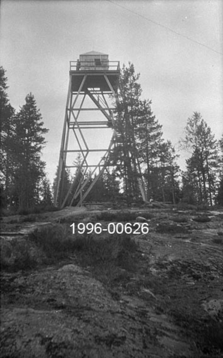 Tårnet på Garsjøberget skogbrannvaktstasjon sørøst for Disenå i Sør-Odal.  Anlegget lå 382 meter over havet.  Det første tårnet i dette området ble reist for Mads W. Stang i 1908, men dette tårnet er antakelig det som Ole A. Stang fikk bygd på ei noe annen tomt i 1922.  Det siste tårnet her ble for øvrig bygd i armert betong i 1939. 

Det avbildete tårnet er en bratt pyramidal stolpekonstruksjon, avstivet av krysslagte stokkestag i tre nivåer og med ei utkikkshytte på toppen.  Den har pyramidetak med lynavleder.  Rundt hytta er det et lite gangareal omgitt av rekkverk.  Tårnet står på ei bergflate med en del furutrær. 