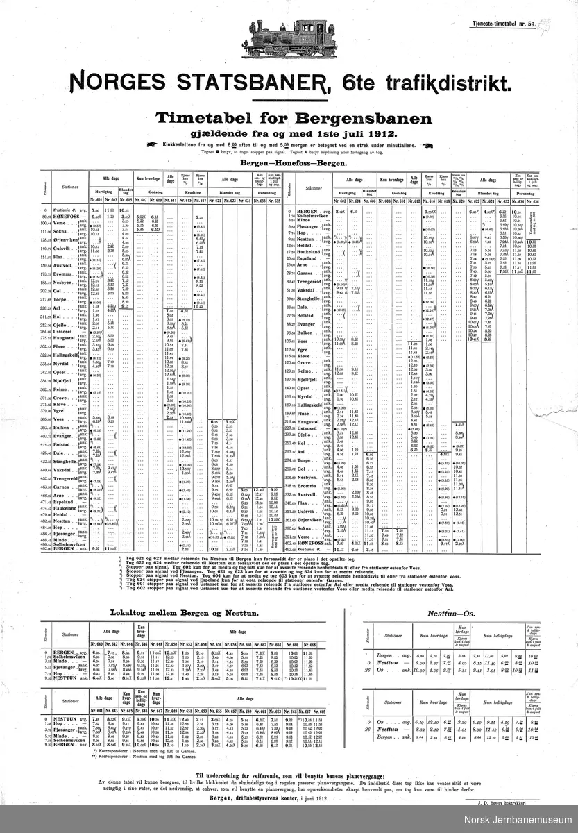 Ruteoppslag Bergen-Gulsvik fra 01.05.1912. Tabellen inneholder også lokaltogene Bergen-Nesttun og Nesttun-Osbanen.