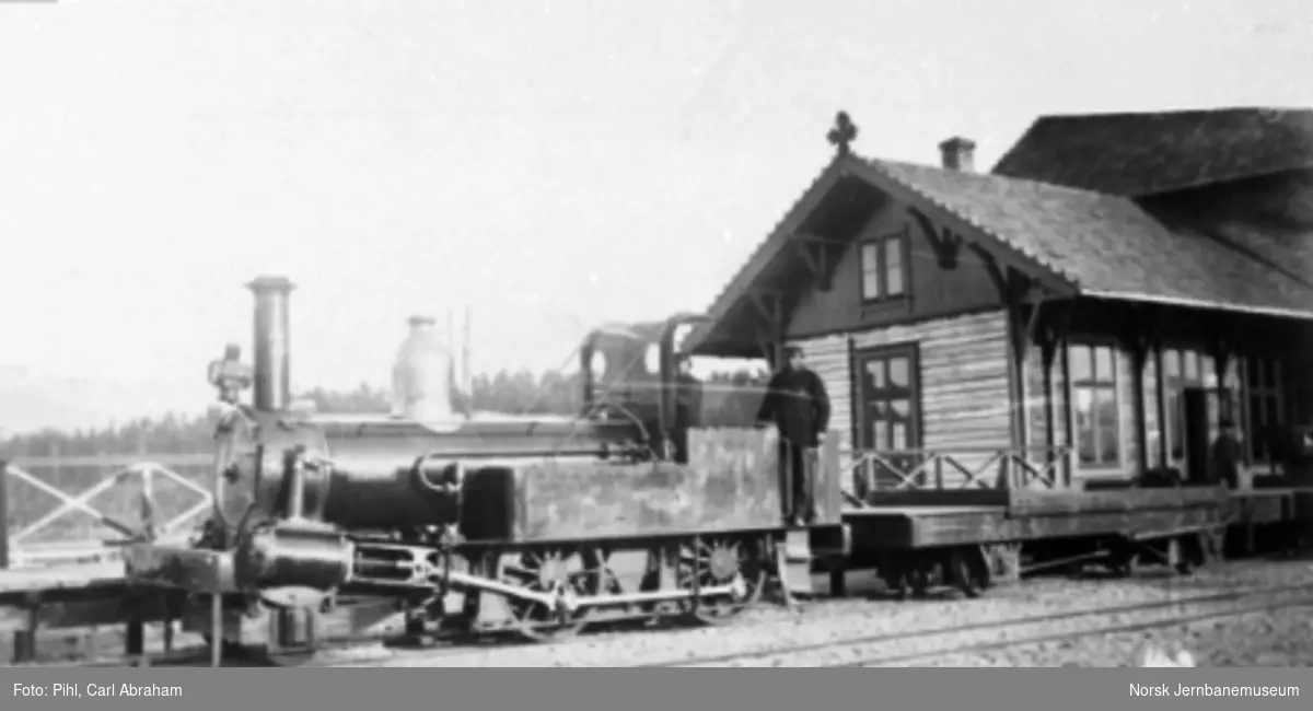 Damplokomotiv type IV nr. 3 "Sigurd" med godstog på Hokksund (Hougsund) stasjon