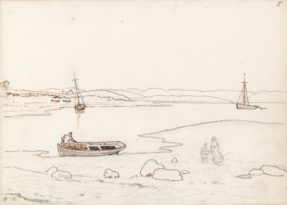 Landskap med båter og mennesker [Tegning]