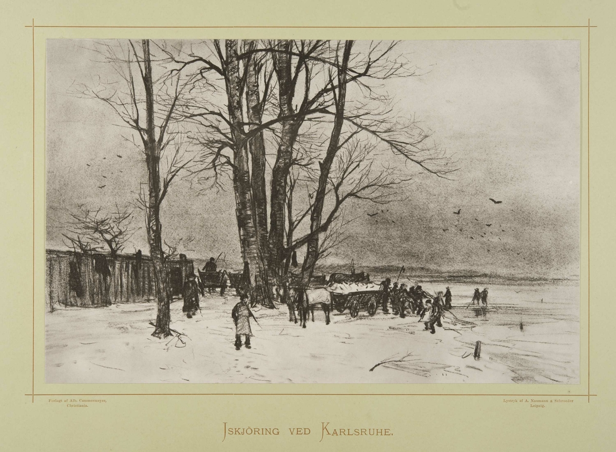 Karlsruhe, Tyskland. Vinterlandskap med hestekjøretøyer, mennesker og isskjæring