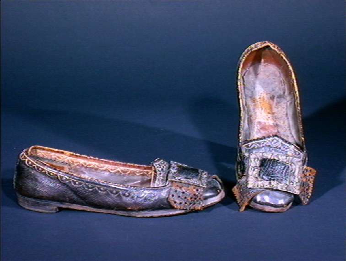 Mørk brune skor i lær med skospenne i metall.