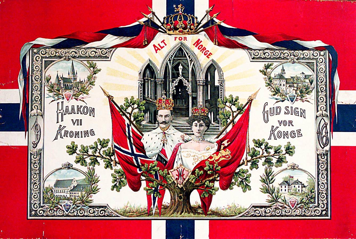 Montasje med portretter av dronning Maud, kong Haakon, norske flagg, Nidarosdomen, Akershus festning, Eidsvollsbygningen og Håkonshallen.