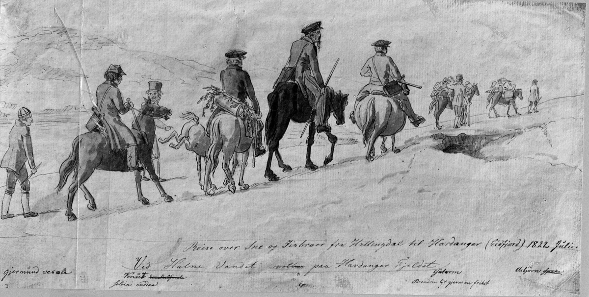 Akvarell malt av J. Flintoe. "Reise over Sne og Isbreer fra Hallingdal til Hardanger, 1822 Juli".