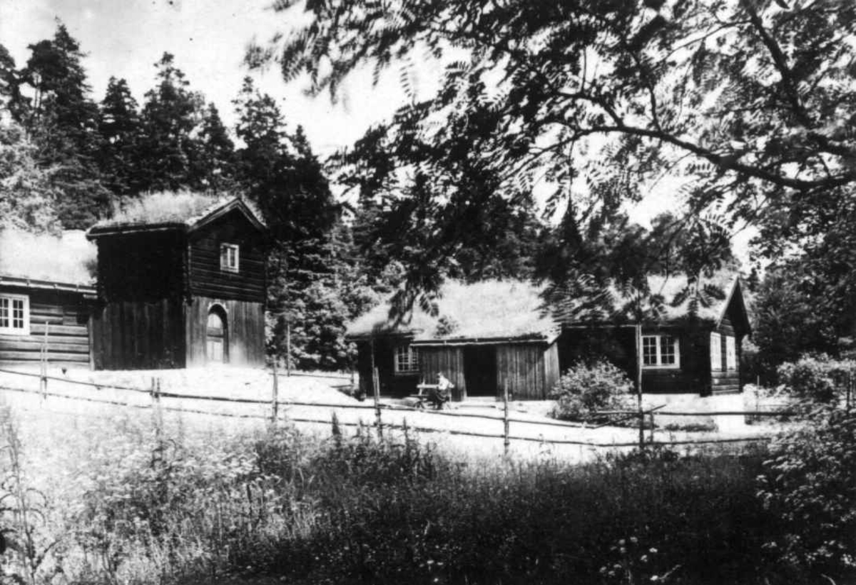 Østerdalstunet på Norsk folkemuseum (Barfrøstue fra Gammelstu Trønnes, Stor-Elvdal og sommerstue fra Kilde, Åmot). Ukjent år (før 1927).