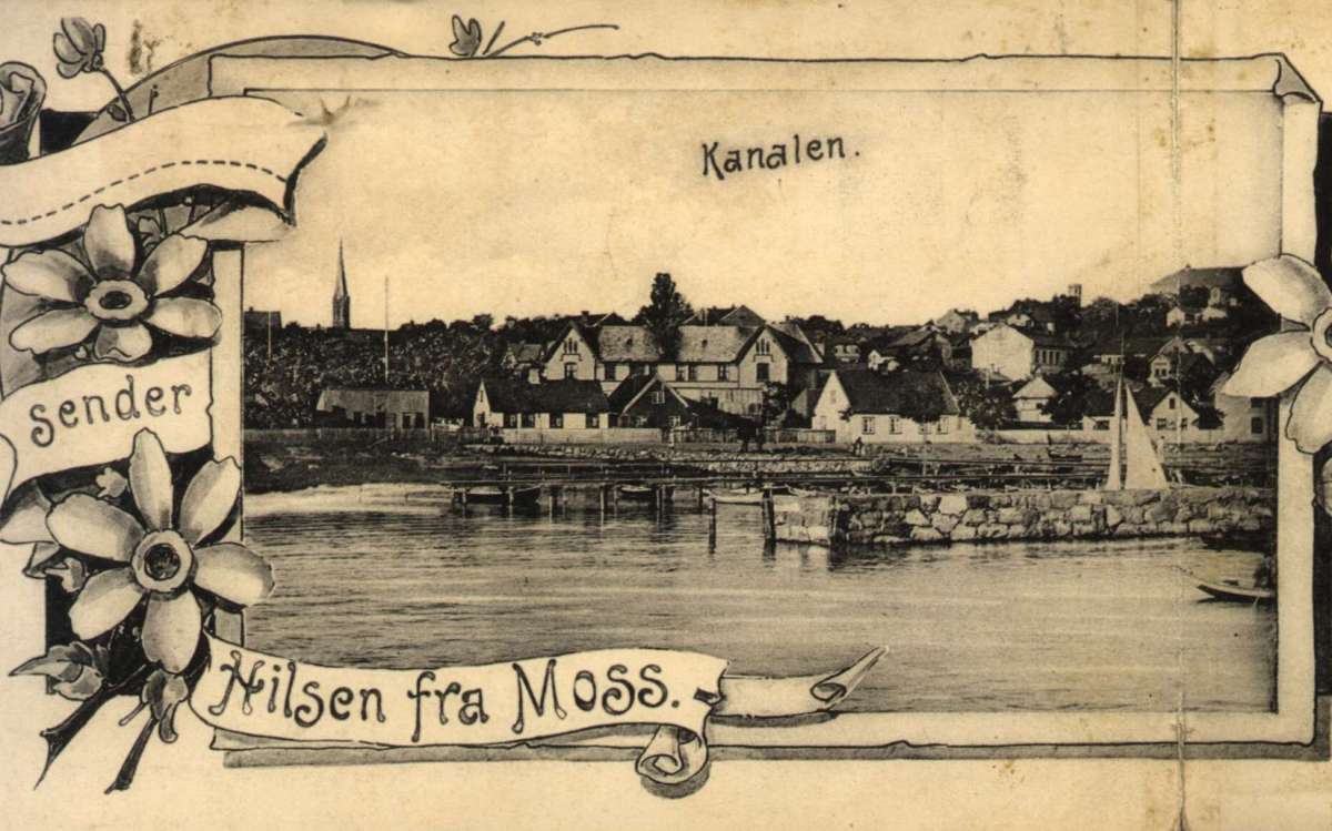 Postkort. Flere partier fra Moss. Dronningens gate, kanalen og Moss sette fra Jeløya. Datert 19.07.1901